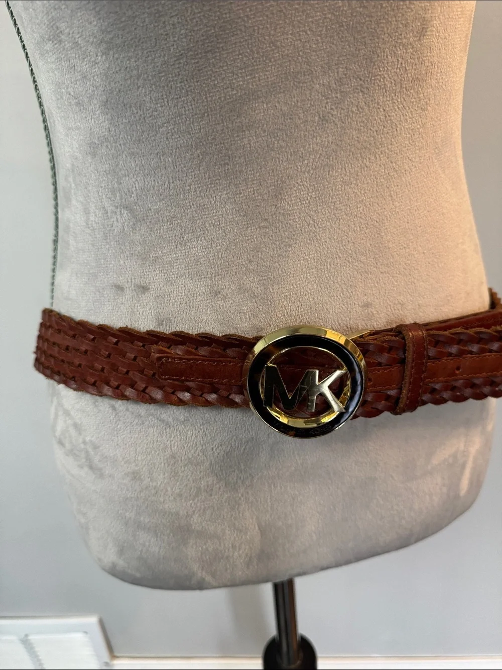 Michael Kors Woven Leather Belt with Gold MK Buckle - Chestnut M -L